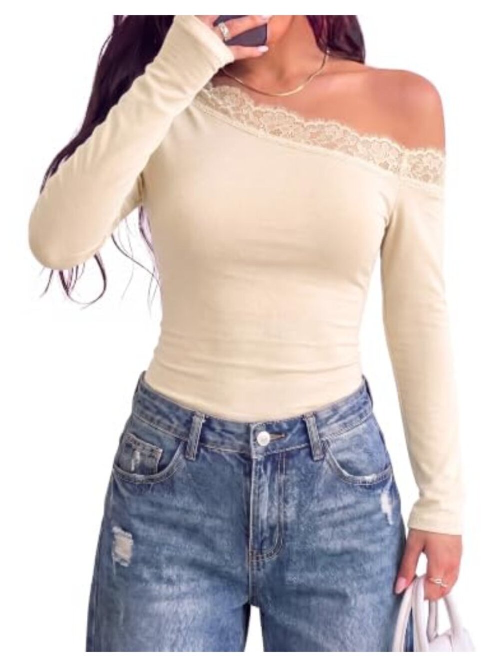 Slim Fit Off Shoulder Lace Long Sleeve Top Casual Fall Going Out Blouse
